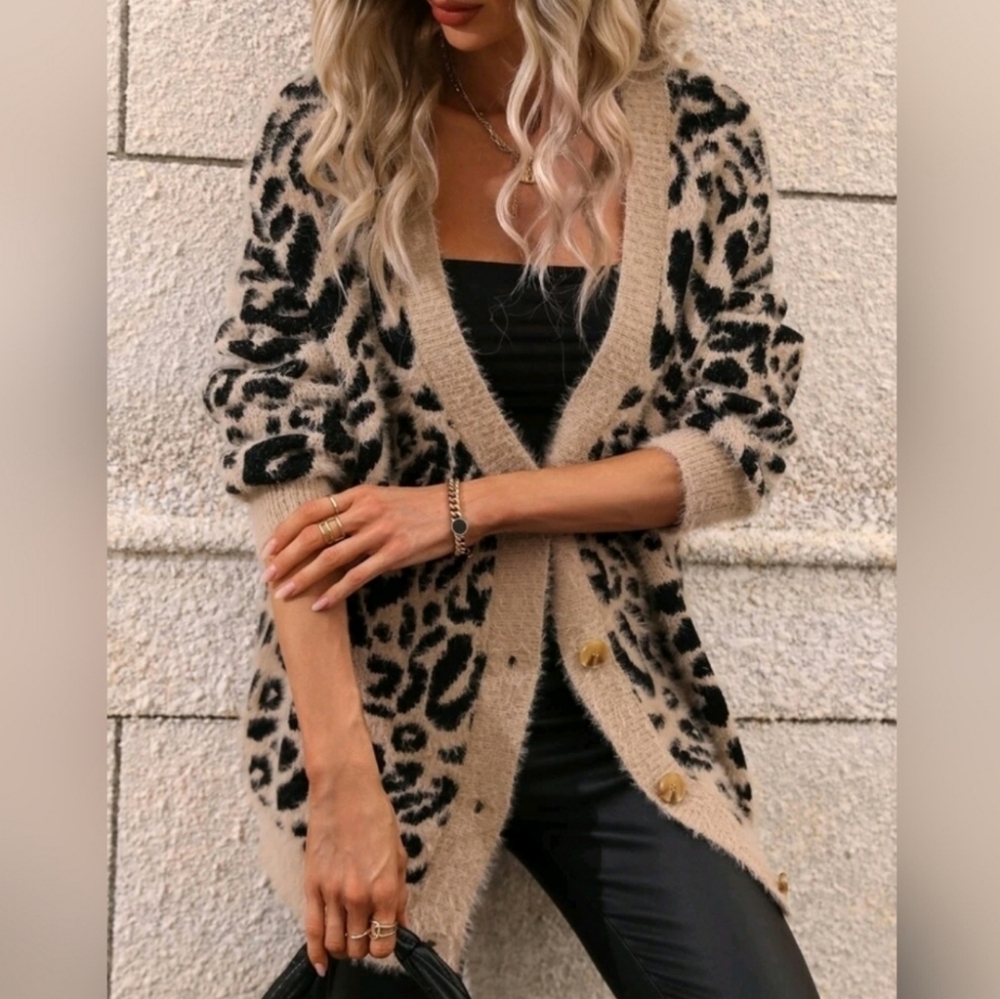 * New Fluffy Leopard Knit Cardigan Sweater Button Down Tan Brown Black
